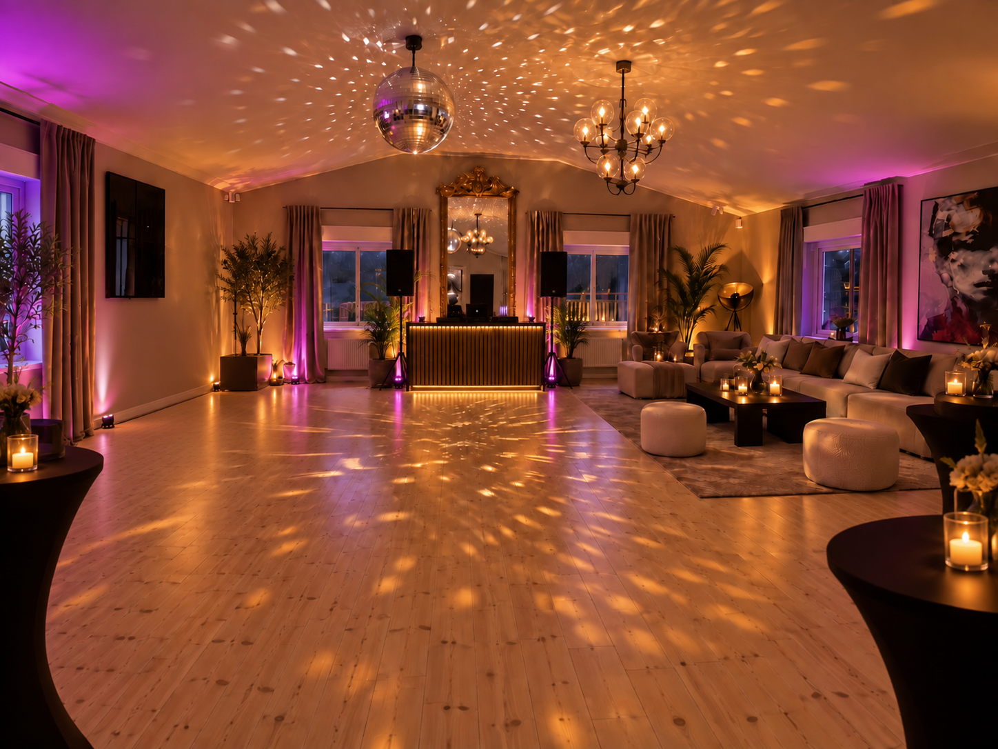 Eventlokal på Private Lake House med dansgolv, lounge och varm festbelysning